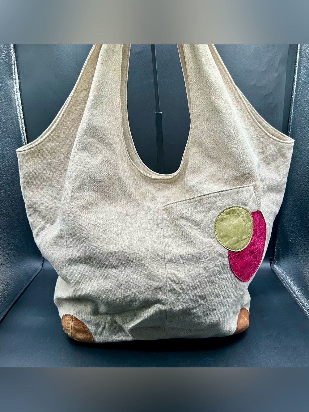 HOBO The Original Canvas Shoulder Tote Bag Leather Patches.